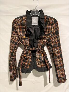Y2K Dollhouse Womens Plaid Jacket Size S Ruffle Trim Belted Lined Coat